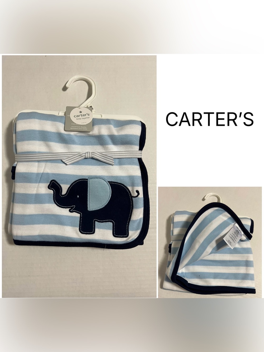CARTER’S - NWT - 34”X28” - INFANT BOYS REVERSIBLE BLUE ELEPHANT STRIPE BLANKET